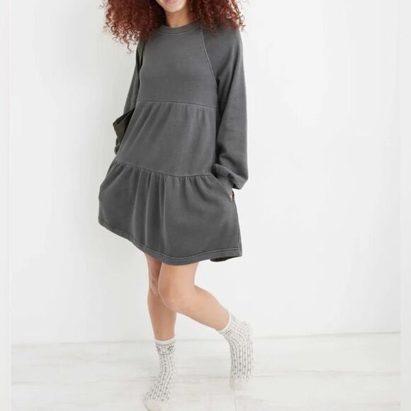 Aerie Long Sleeve Sweatshirt Style Gray Tiered Crewneck Dress. XS. NEW. - Picture 1 of 9